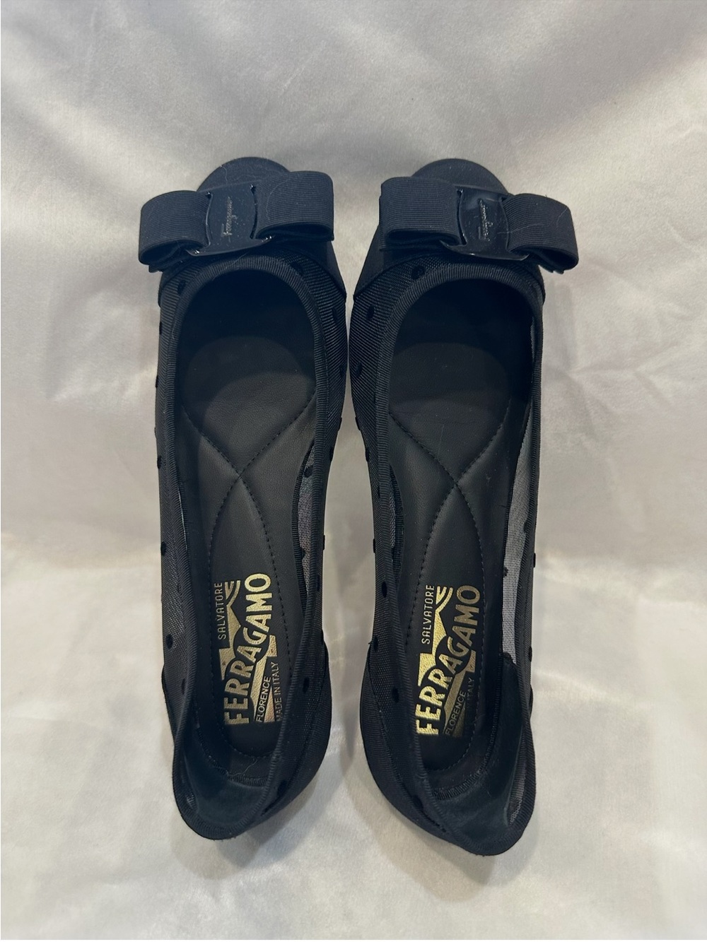 Salvatore Ferragamo Black Mesh Bow Flats
